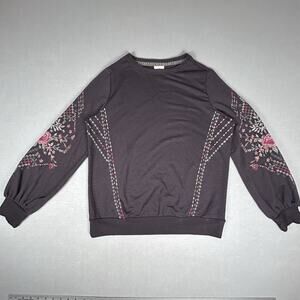 Knox Rose Womens Sz M dark brown floral embroidered jersey knit peasant top